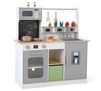Aptliton Wooden Play Kitchen for Kids, 89cm Wide Farm-to-Table Kitchen Set with Real Lights & Sounds, Ice Maker, Refrigerator, Chalkboard & Cutting Vegetables, Montessori Toy Gift for Ages 3+