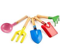 Aptoper Kids Gardening Tools Set, 8" Safe Beach Sandbox Toy Made of Metal with Sturdy Wooden Handle Gardening Equipment Fork, Trowel, Rake & Shovel for Children (5 Pcs)