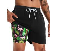 APTRO Men's 3XL Black Flamingo Board Shorts - Quick Dry, Compression Liner, 4 Pockets, MK265