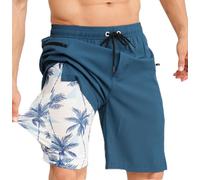 APTRO Swimming Shorts Men Swim Trunks with Compression Liner 2 in 1 Quick Dry Beach Summer 9'' Board Shorts with Zipper Pockets Loch Ness Blue MK380 XL