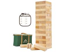 ApudArmis 60 PCS Giant Tumble Tower, Pine Wooden Stacking Game Stacks 5FT | Safe NZ pine, smooth edges, crack-resistant. Oversized blocks with dice, scoreboard & bag. Perfect backyard BBQ family game