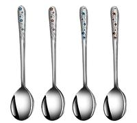 APULLYA Korean Soup Spoons, 18/8 Stainless Steel Long Handle 8 Inch Tablespoon, Asian Metal Dinner Spoons, Set of 4 (flower and leaf)