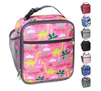 Apuucse Dinosaur Insulated Lunch Bag with Side Mesh Pocket for Kids/Boys/Girls/Child,Water-Resistant Leakproof Soft Cooler Bag Durable Portable Thermal Lunch Box for School/Picnic/Outdoor(Pink)