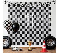 APUXXJUPA 2 Pcs Race Car Curtains, Checkered Black White Foil Streamers Fringe Curtains Backdrops for Boy's Race Car Birthday Party Decorations, 3.3 x 6.6 ft