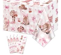APUXXJUPA 4 Pcs Bow Cowgirl Tablecloths, Pink Bows Cowgirl Hats Boots Cherry Print Tablecloths for Western Decorations Coquette Themed Supplies Wedding Baby Shower Cherry Birthday Decor, 130 x 220 cm
