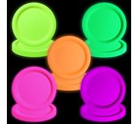 APUXXJUPA 50 Pcs Glow in The Dark Neon Party Supplies, 5 Color Neon Birthday Plates Paper Plates for Let's Glow Party Decorations Halloween, 23 x 23 cm