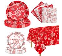 APUXXJUPA Christmas Snowflakes Plates Set for 20 Guests, Including Red Snowflakes Tablecloth, Napkins and Plates for Xmas Winter Holiday New Year Party Decorations