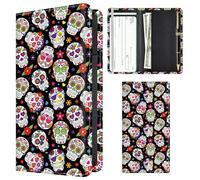APVDSH Checkbook Cover for Personal Checkbook, Cute Pu Leather check book for Women & Men, Slim Checkbook Holder with Pen Holder and Built-in Clear Plastic Divider, Colorful Floral Skull
