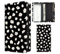 APVDSH Checkbook Cover for Personal Checkbook, Cute Pu Leather check book for Women & Men, Slim Checkbook Holder with Pen Holder and Built-in Clear Plastic Divider, Black Daisy Floral