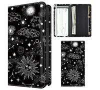 APVDSH Checkbook Cover for Personal Checkbook, Cute Pu Leather check book for Women & Men, Slim Checkbook Holder with Pen Holder and Built-in Clear Plastic Divider, Black Celestial Moon