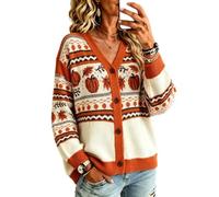 Apvirdy Women's Pumpkin Halloween Cardigan V Neck Button Down Knit Cardigan | Pumpkin Maple Leaf Jacquard Halloween Cardigans for Women Button Front Knitted Cardigans Pullover Sweater