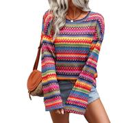Apvirdy Women's Rainbow Striped Boho Top Knit Crew Neck Long Sleeve T Shirt | Crochet Drop Shoulder Bell Sleeve Casual Blouse Cute Color Block Going Out Top for Daily Wear