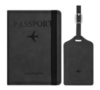 APXEL Passport Cover and Suitcase Tag Set, PU Leather Passport Covers with Suitcase Tag, Portable Universal Travel Wallet Case Organiser for Money Boarding Passes Credit Cards (Black)