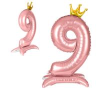 APXEL Pink Standing Crown Number 9 Balloons, 42 Inch Large Foil Number 9 Balloons, Self Inflating 9th Birthday Balloon for 9 Year Anniversary Birthday Party Christmas Decorations