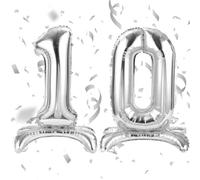 APXEL Silver Standing Number 10 Balloons, 40" Large Foil 1& 0 Balloons | Self Inflating 10th Birthday Balloon for 10 Year Anniversary Birthday Party Christmas Decorations Supplies