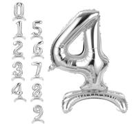 APXEL Silver Standing Number 4 Balloons, 40 Inch Large Foil Number 4 Balloons, Self Inflating 4th Birthday Balloon for 4 Year Anniversary Birthday Party Christmas Decorations Supplies