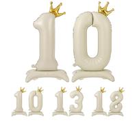 APXEL Standing Crown Number 10 Balloons, 42" Large Foil 1& 0 Balloons | Self Inflating 10th Birthday Balloon for 10 Year Anniversary Birthday Party Christmas Decorations- Cream White