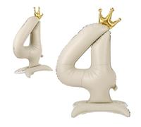 APXEL Standing Crown Number 4 Balloons, 42 Inch Large Foil 4 Balloons | Self Inflating 4th Birthday Balloon for 4 Year Anniversary Birthday Party Christmas Decorations- Cream White