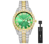 Apzzic Hip Hop Watch for Men Iced Out Bling Full Diamond Luxury Quartz Watch Analog Roman Calendar Watch for Men Women, X-GREEN, Hip Hop