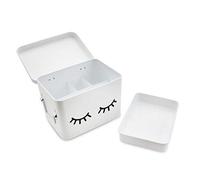 AQ Organizational Divided Metal Tin Eyelash Caddy with Hinged Lid & Removable Tray, Storage Box for Cosmetics, Makeup, Toiletries, Bathroom Supplies, First Aid, Desk Items - Matte White & Black