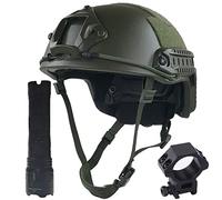 AQ zxdc Bulletproof Helmet Kevlar FAST Tactical Helmet, with 1500 Lumen Bright Flashlight, Outdoor Military Protective Grar,Green,L