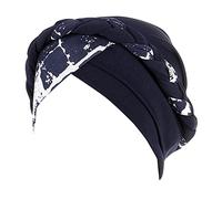 AQ899 Chemo Cancer Head Hat Cap Ethnic Pre-Tied Twisted Braid Hair Cover Wrap Headwear Pre Tied Chemo Head Scarf Beanie Skull Cover Cap for Women Navy, One Size