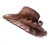 AQ899 Womens Organza Sun Hat Lace Flower Wide Brim Breathable Summer Sun Procection Hat for Church Party Wedding Traveling on Vacation Brown