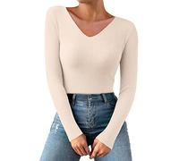 AQ899 Women's Thermal Vest - Casual Solid Color Deep V Neck Stretch Knit Long Sleeve Top - UK Womens Thermals