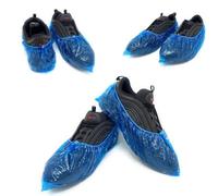 AQASKIN Pack of 100 Disposable PE Shoe Covers 3 g - High Tear Resistance - Reinforced Elastic Band - Personal Protective Equipment for PPE - Household Cleaning - Gardening - Transparent Blue Colour