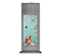 AQCDPJYU Joyful Bird Floral Art Scroll Painting, Chinese Handmade Wall Hanging, Entryway Feng Shui Decor, Creative Gift Collection(Retro color A,79L x 186W cm)