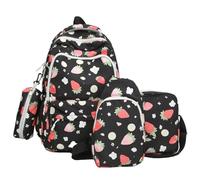 AQCDPJYU YZSMYY 4Pcs Strawberry Print Backpack Set, Cute Nylon Large Capacity School Shoulder Bag for Travel(Black)
