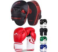 AQF Boxing Gloves & Pads Set for Kickboxing & MMA Muay Thai Punching Glove with Curved Boxing Pads for Martial Arts (12oz, Red)