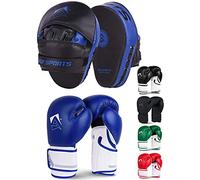 AQF Boxing Gloves & Pads Set for Training Kickboxing & MMA Muay Thai Punching Glove with Curved Boxing Pads for Coaching Martial Arts (14oz, Blue)