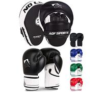 AQF Boxing Gloves & Pads Set for Training Kickboxing & MMA Muay Thai Punching Glove with Curved Boxing Pads for Coaching Martial Arts (12oz, Black)