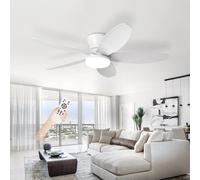 AQLEDY Ceiling Fans with Lights and Remote, Fan Lights Led Ceiling for Bedroom, Indoor 5 Blades Silent Large Fan Lamp, Dimmable 6-SPD Reversible DC Motor with Timer for Living Room-White||42in
