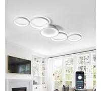 AQLEDY Modern 5 Rings Led Ceiling Lighting 99cm, 3000K-6500K Dimmable Bedroom Ceiling Lamp Also for Living Room, No Flicker, Light Memory Function, Timer, Remote Control APP-White