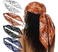 AQOKKA 35" Large Square Satin Head Scarf 4 Pcs Silk Scarf Hair Accessories Classic Patterned Squares Beach Bandanas for Women, 4 Pc: Black, White, Coffee, Navy, One Size