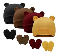 AQOKKA 4 Pcs Newborn Baby Bear Ear Hats and Mittens Set Infant Beanie Caps Newborn Hospital Hat for Baby Boy Girl 0-3 Months