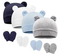 AQOKKA 4 Pcs Newborn Baby Bear Ear Hats and Mittens Set Infant Beanie Caps Newborn Hospital Hat for Baby Boy Girl 0-3 Months