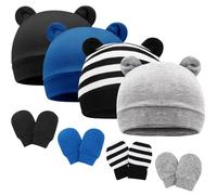 AQOKKA 4 Pcs Newborn Baby Bear Ear Hats and Mittens Set Infant Beanie Caps Newborn Hospital Hat for Baby Boy Girl 0-3 Months