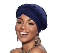 AQOKKA African Pre-Tied Twisted Head Turbans Hats for Women, Sleeping Head Wraps for Black Women Chemo Cancer Cap Braid Hair Cover, 1 Pack Twisted Braid A: Navy, One Size
