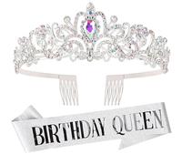 AQOKKA Birthday Crown and Sash Set - Women's Crystal Hair Accessories - Rainbow Rhinestone Tiara & 'Birthday Queen' Velvet Sash - Party Supplies for Girls