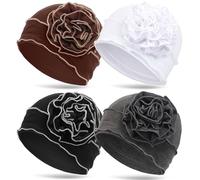AQOKKA Chemo Turbans Headwear for Women Flower Cap for Cancer Patient African Hair Cover Beanie Headwraps Hair Loss Hat, 4 Pcs Flower Hat: White, 4 Count (Pack of 1)