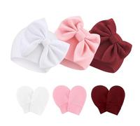AQOKKA Newborn Baby Hats and Mittens Set Infant Bow Beanie Cap Toddler Gloves Newborn Hospital Hats for Baby Boy Girl Kid 0-6 Months
