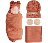 AQOKKA Newborn Receiving Blanket with Bow Hat Headband Wooden Card Set Wheat-Pattern Newborns Toddler Baby Boy Girl Nursery Swaddle Wrap