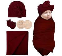 AQOKKA Newborn Receiving Blanket with Bow Hat Mittens Wooden Card Set Newborns Toddler Baby Boy Girl Nursery Swaddle Wrap