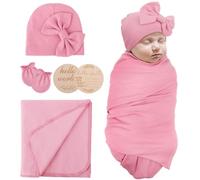 AQOKKA Newborn Receiving Blanket with Bow Hat Mittens Wooden Card Set Newborns Toddler Baby Boy Girl Nursery Swaddle Wrap