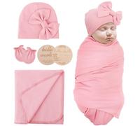 AQOKKA Newborn Receiving Blanket with Bow Hat Mittens Wooden Card Set Newborns Toddler Baby Boy Girl Nursery Swaddle Wrap