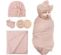 AQOKKA Newborn Receiving Blanket with Bow Hat Mittens Wooden Card Set Newborns Toddler Baby Boy Girl Nursery Swaddle Wrap
