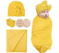 AQOKKA Newborn Receiving Blanket with Bow Hat Mittens Wooden Card Set Newborns Toddler Baby Boy Girl Nursery Swaddle Wrap